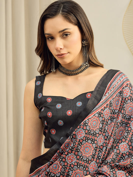 Black Ajrakh Silk Saree