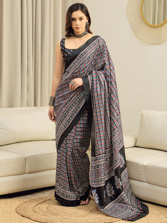 Black Ajrakh Modal Silk Saree