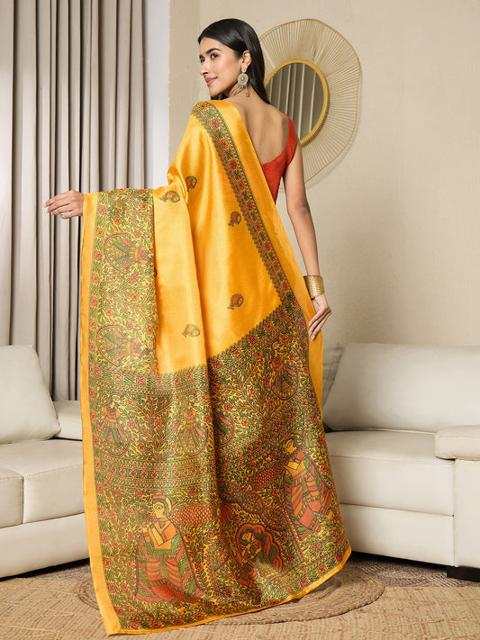 Golden Yellow Silk Saree with Madhubani Fish & Peacock Butis, Wide Madhubani Border & Mithila Narrative Pallu with Red Blouse