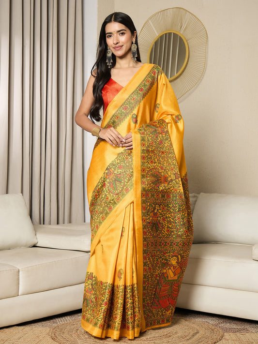 Golden Yellow Silk Saree with Madhubani Fish & Peacock Butis, Wide Madhubani Border & Mithila Narrative Pallu with Red Blouse