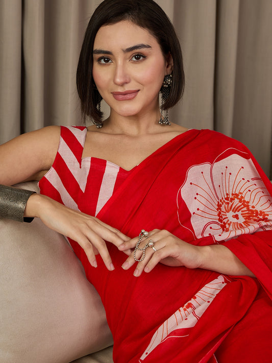 Vibrant Red Ready to wear Cotton Saree