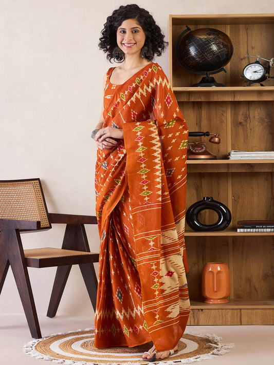 Rust Orange Ikat Cotton Saree