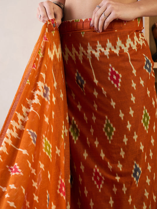 Rust Orange Ikat Cotton Saree