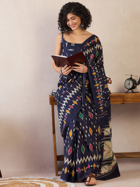 Navy Blue Ikat-Inspired Cotton Silk Ready to Wear Saree
