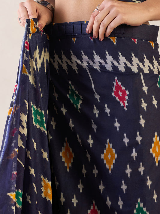 Navy Blue Ikat-Inspired Cotton Silk Saree with Multicoloured Ready to wear Saree