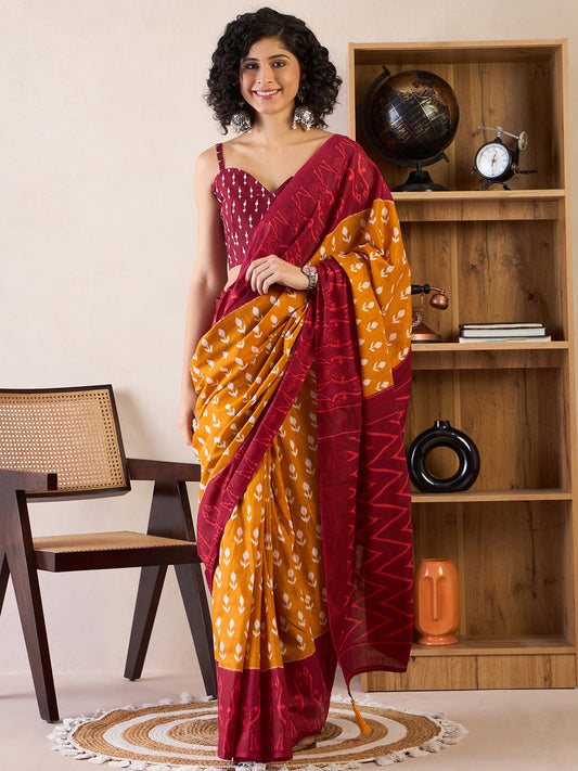 Mustard & Maroon Handblock-Inspired Cotton Silk Saree