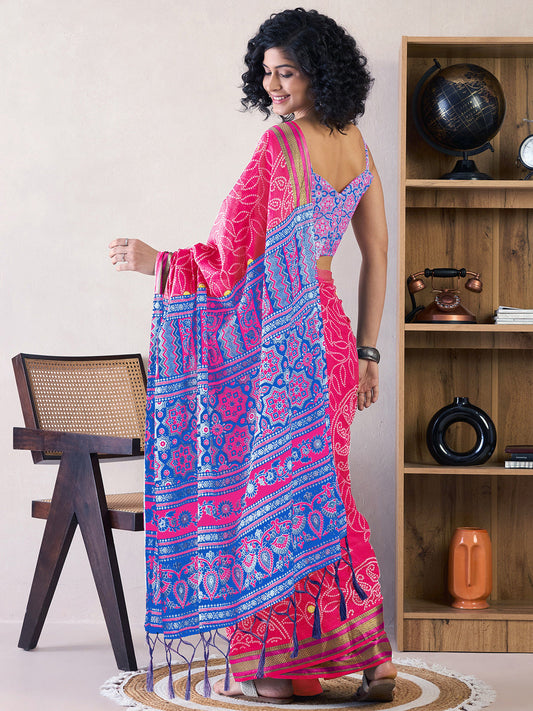 Hot Pink Gajji Silk Bandhani Saree