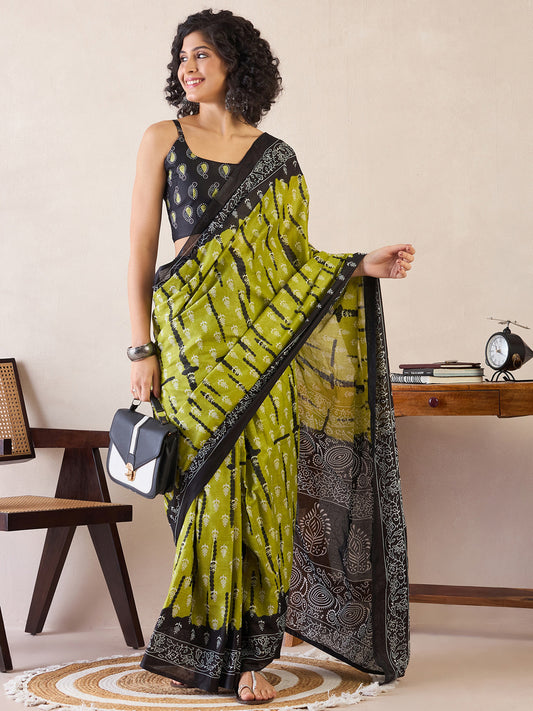 Green & Carbon Black Printed Cotton Saree