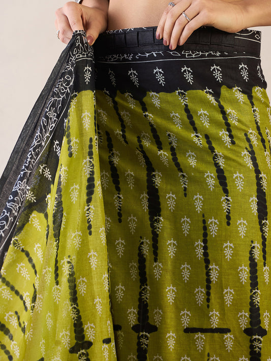 Green & Carbon Black Printed Cotton Saree