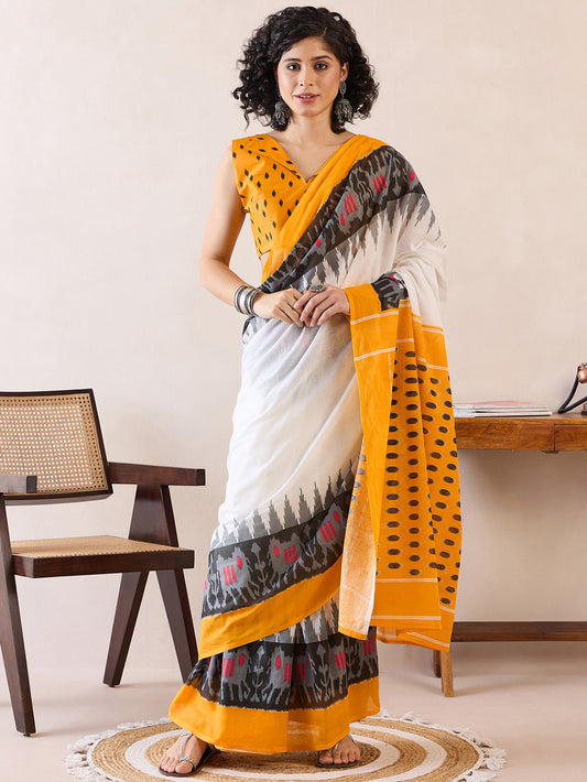 Crisp Ivory & Marigold Yellow Cotton Ikat Saree