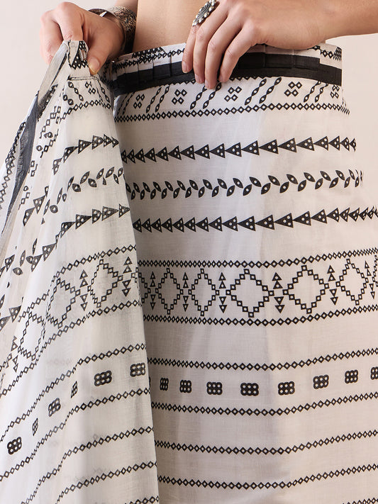 White & Black Cotton Silk Saree with Traditional Kalamkari-Style Prints