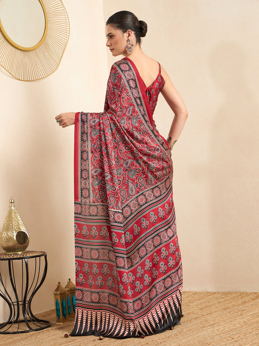 Yukti Maroon Ajrak Crepe Saree with Printed Border & Maroon Blouse Piece