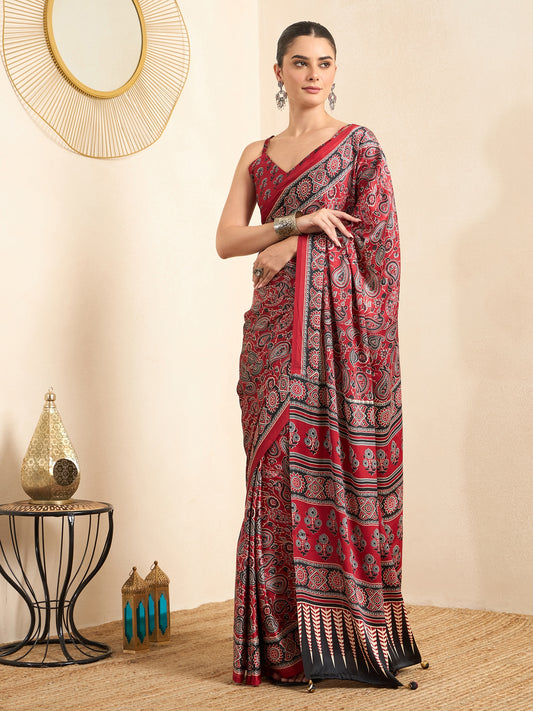 Yukti Maroon Ajrak Crepe Saree with Printed Border & Maroon Blouse Piece