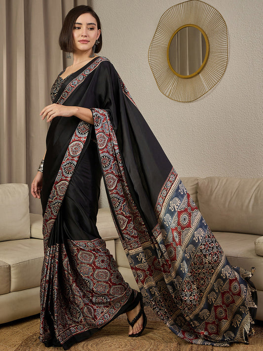 Black Silk Blend Ajrak Print Contrast Pallu Blouse Saree