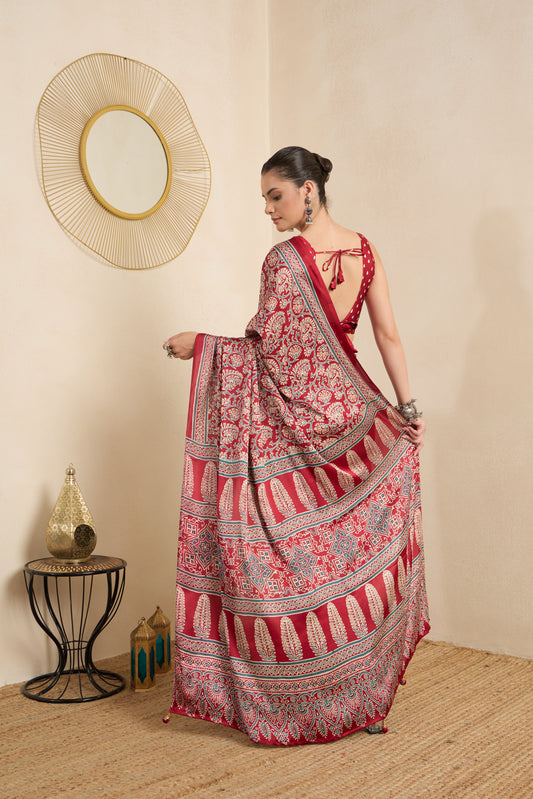 Vaishnavi Red Ajrak Pure Crepe Saree with Printed Border & Red Blouse Piece
