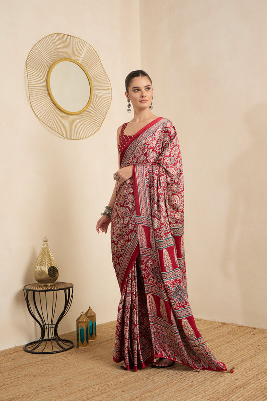 Vaishnavi Red Ajrak Pure Crepe Saree with Printed Border & Red Blouse Piece