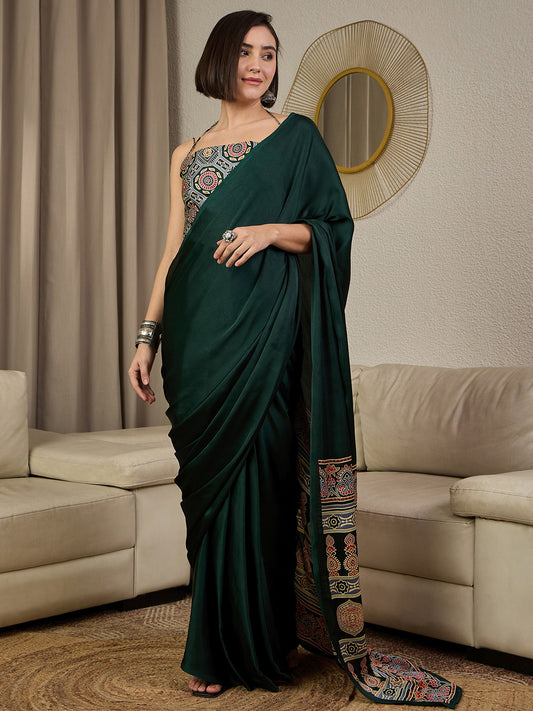 Green Satin Silk Ajrakh Block Printed Saree