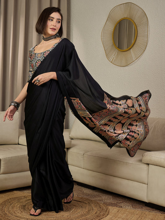 Midnight Noir Satin-Silk Saree with Heritage Ajrakh-Print Pallu & Contrast Blouse