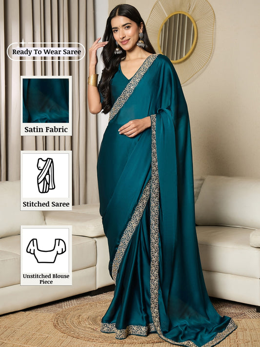 Ready to Wear Teal Satin Ready To Wear Saree