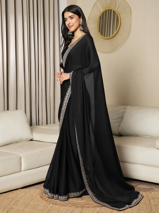 Black Embroidered Georgette Ready-to-Wear Saree