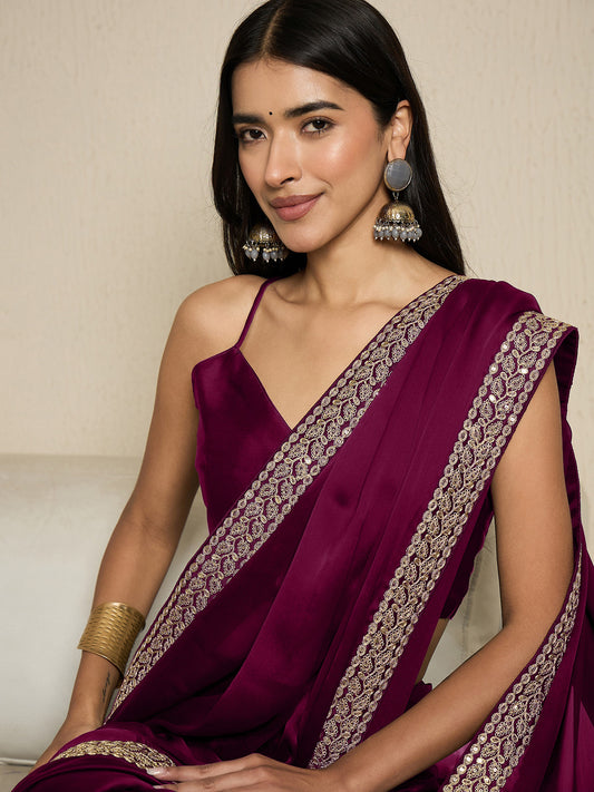 RTW Wine Chiffon with Embroidered Border Saree