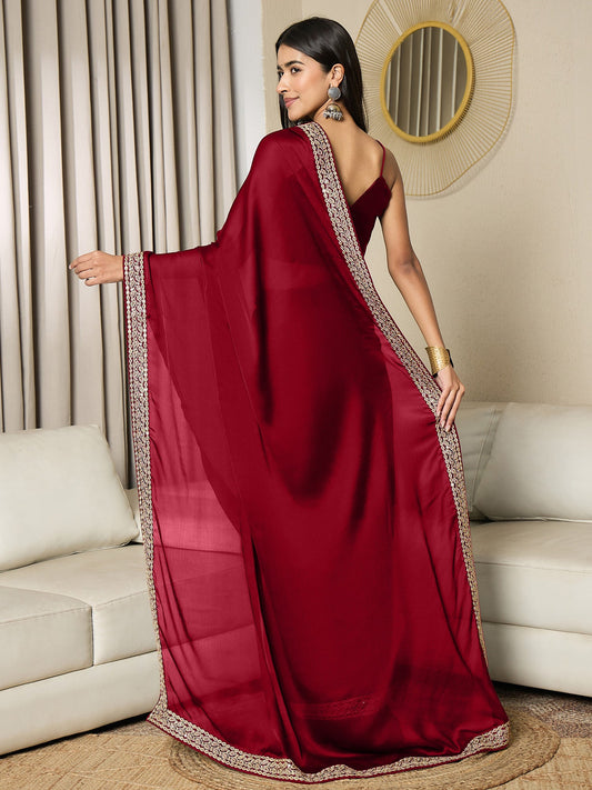 Crimson Silk Saree with Embroidered Border