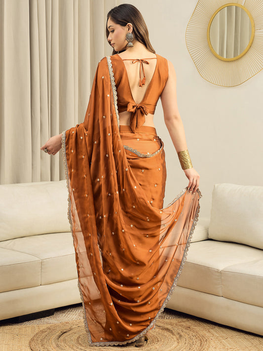 RTW Saree – Rust Organza with Gold Embroidery & Matching Blouse
