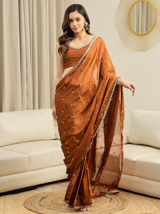 RTW Saree – Rust Organza with Gold Embroidery & Matching Blouse