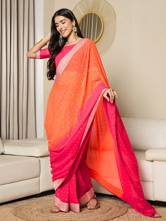 Orange  Pink Silk Blend  Shaded Pattern Sequin Embroidered Border  Designer Blouse Saree