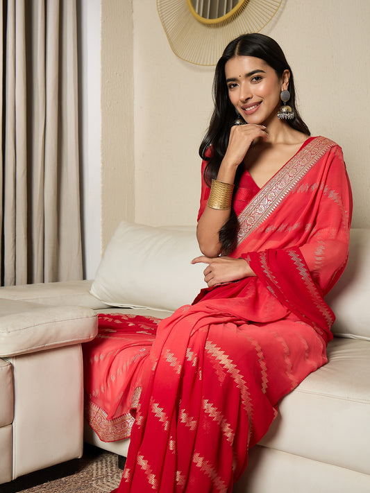 Red Leheriya Print Polyester Saree with Embroidered Border