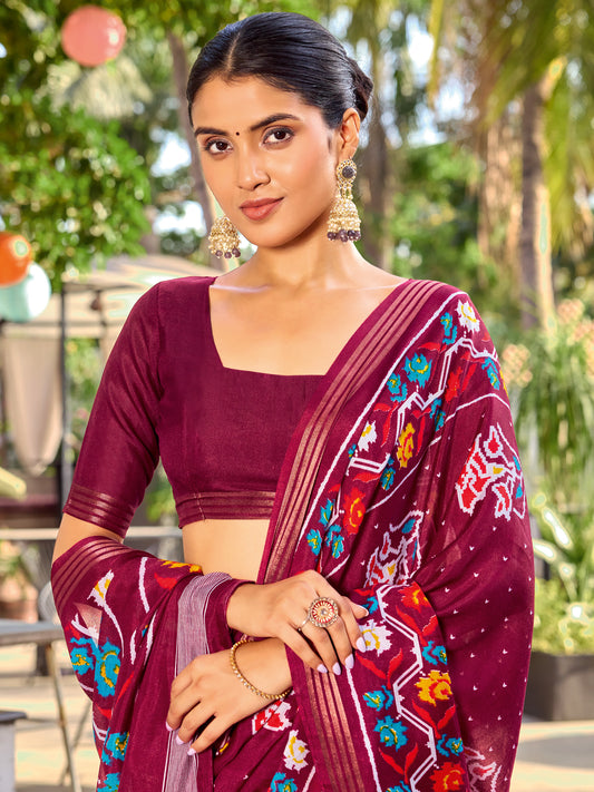 Wine Patola Printed Cotton Silk Saree