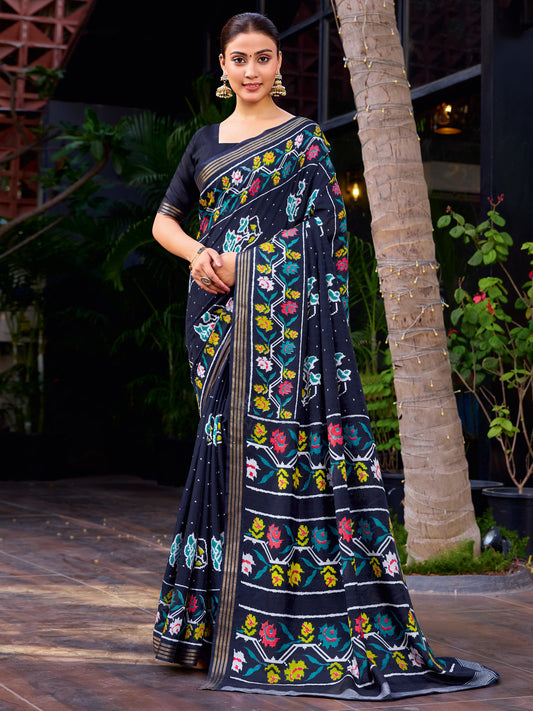 Navy Blue Patola Printed Saree
