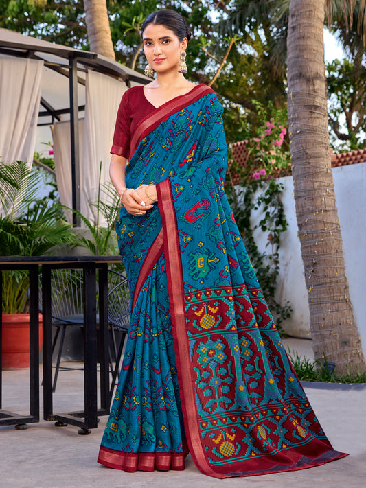 Teal Blue Patola Printed Cotton Saree