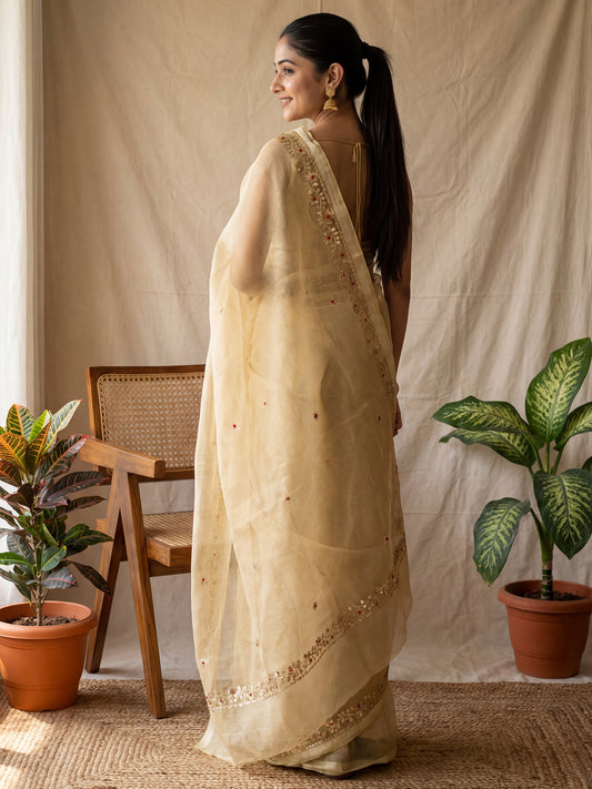 Beige Floral Organza Saree Rust Orange Chiffon Saree