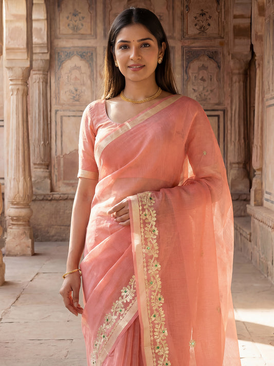 Peach Tissue Silk, Silk Blend Saree