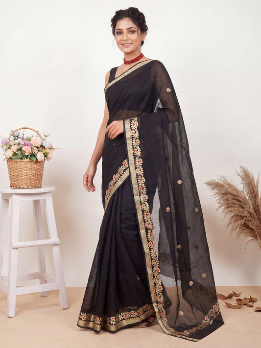 Jet Black Kota Doria Cotton Saree with Gota Patti Border