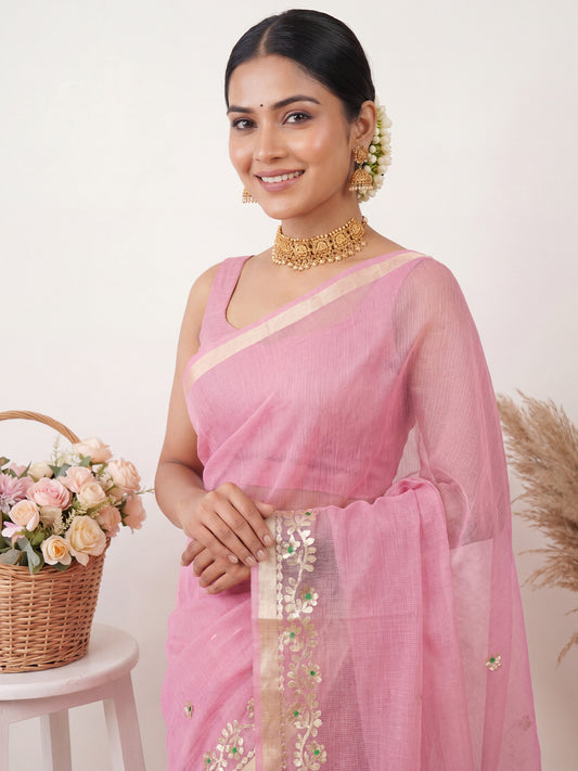 Pink Kota Doria Cotton Saree with Gota Patti Border