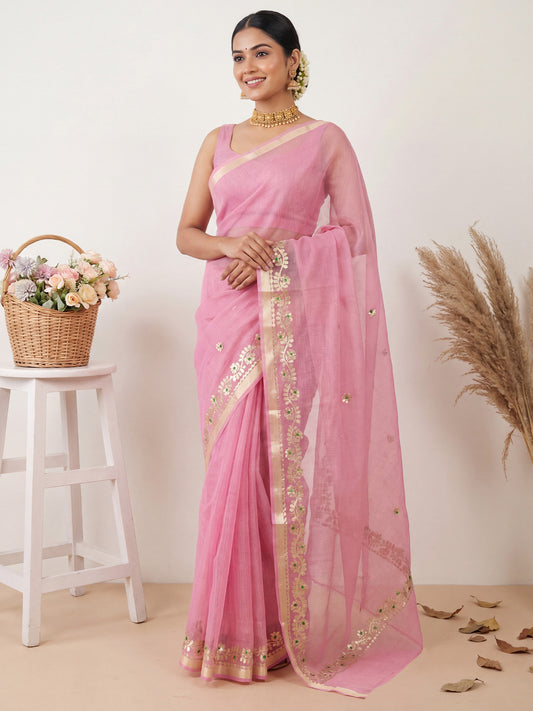 Pink Kota Doria Cotton Saree with Gota Patti Border