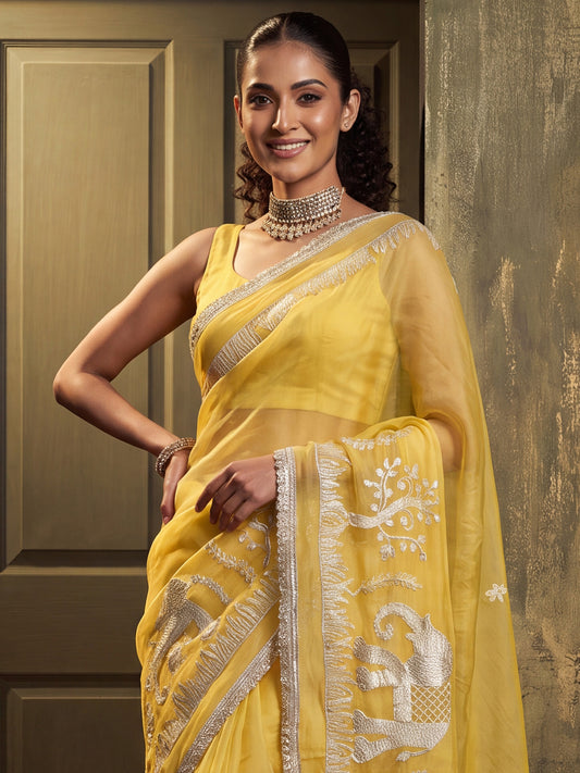Yellow Elephant & Floral Embroidery Georgette Saree