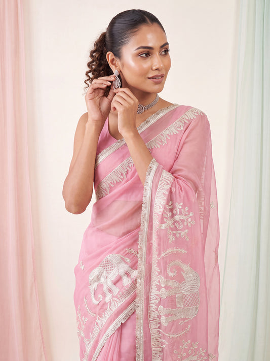 Pink Silver Zari Elephant & Floral Embroidery Georgette Saree