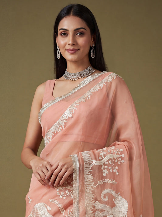 Peach Silver Zari Elephant & Floral Embroidery Georgette Saree