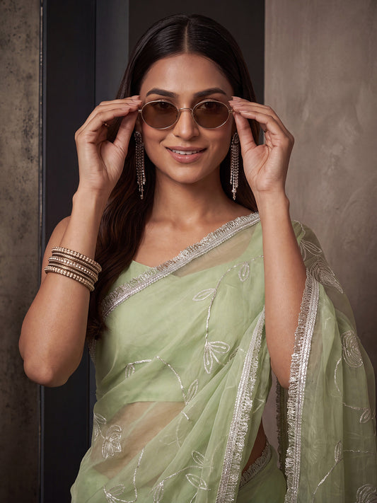 Mint Green Georgette Saree with Silver Zari Floral Embroidery