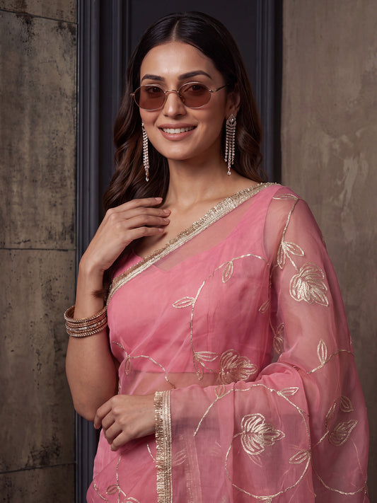 Pink Gold Zari Floral Vine Embroidery Georgette Saree