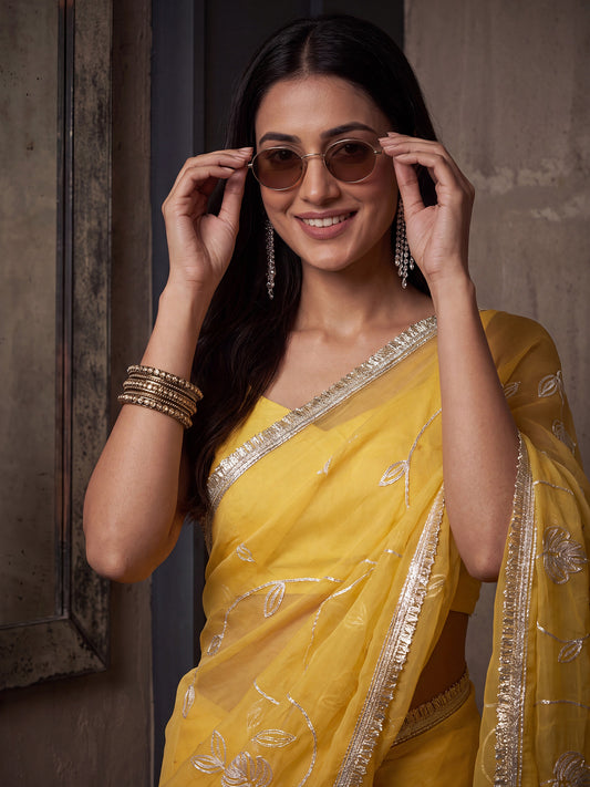Yellow Gold Zari Floral Vine Embroidery Georgette Saree
