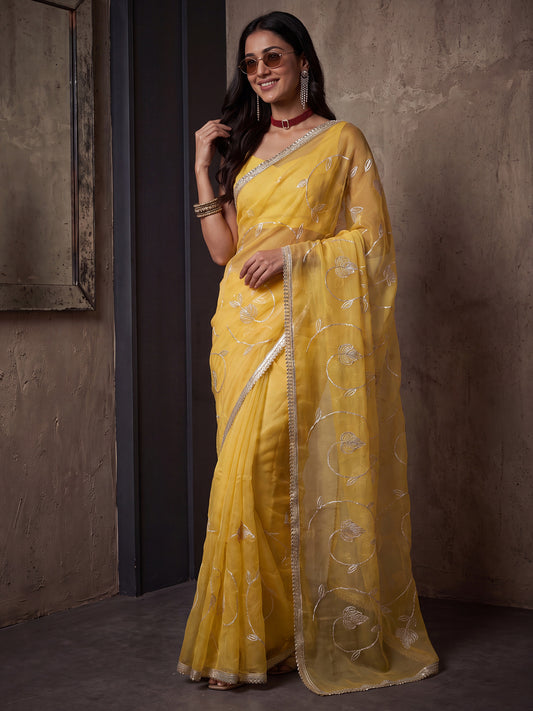Yellow Gold Zari Floral Vine Embroidery Georgette Saree