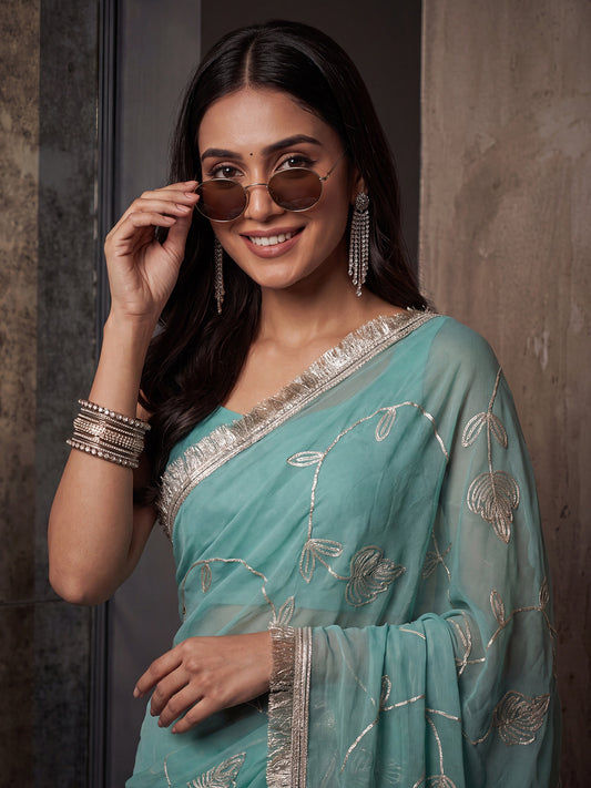 Teal Blue Gold Zari Floral Vine Embroidery Georgette Saree