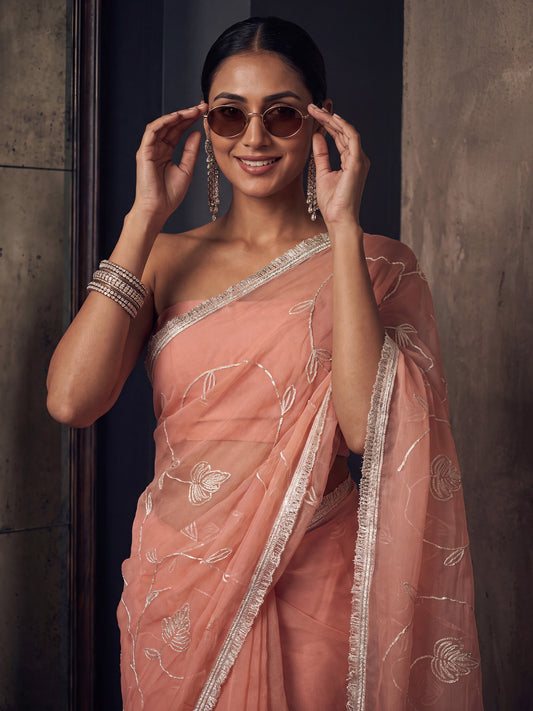 Peach Zari Floral Vine Embroidery Georgette Saree