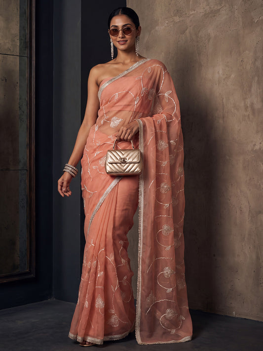 Peach Zari Floral Vine Embroidery Georgette Saree