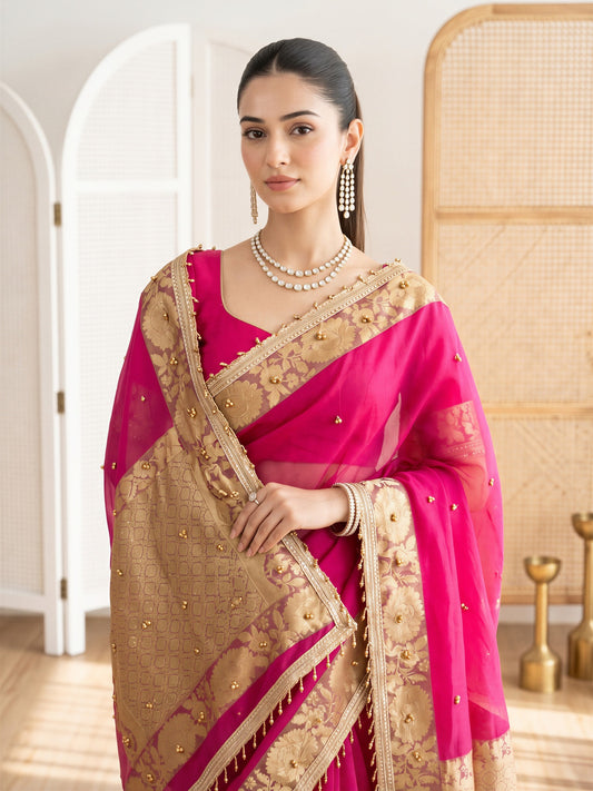 Rani Pink Ghughru Embroidered Floral Border Silk Blend Saree