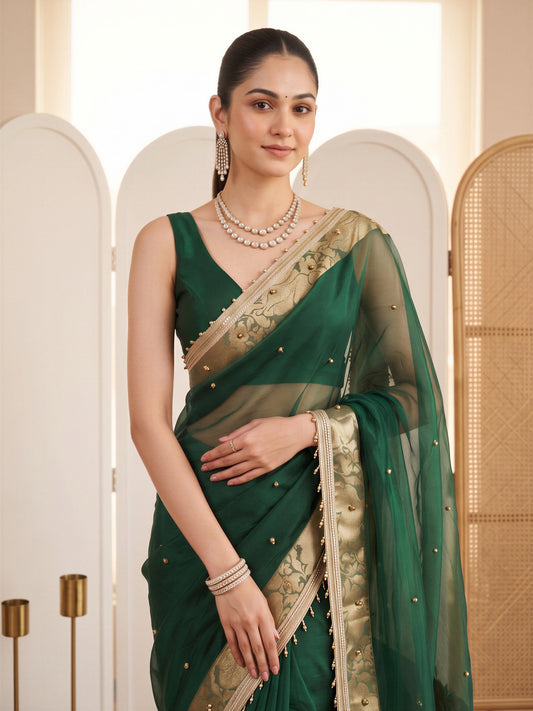 Emerald Green Ghughru Embroidered Floral Border Silk Blend Saree